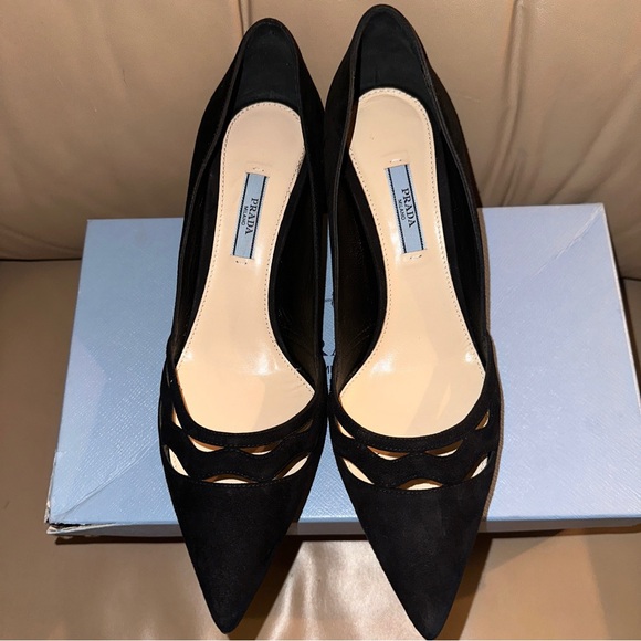 Prada Suede Nero Pointed Pumps Black Suede Wavy Cut 38.5 Kate Middleton’s Style - Picture 12 of 14